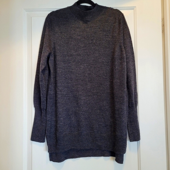 Badgley Mischka Merino 100% Wool Sweater Mock Neck Tunic Charcoal Grey Women's L - Picture 1 of 8